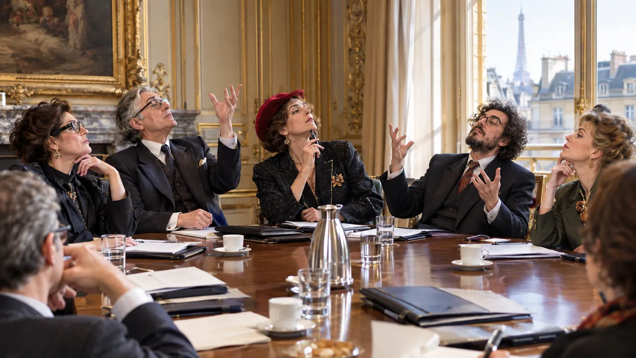Des membres d'une commission culturelle débattent avec gravité autour d'une table dorée.